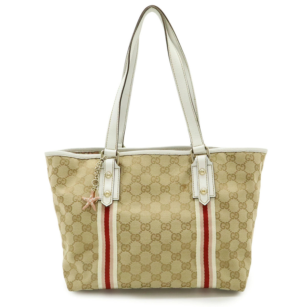 Gucci GG Canvas Sherry Tote Bag Shoulder Leather Beige Cream White Charm